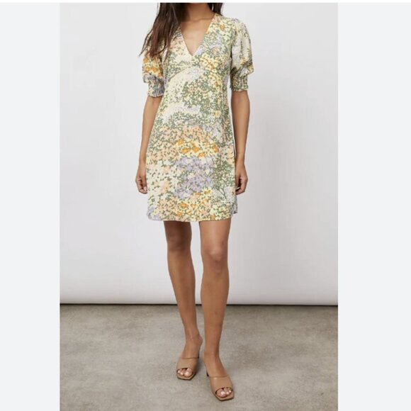 Rails Roma Gardenia Mini Dress Floral Romantic Puff Sleeves V-Neck Size Small - Picture 1 of 12
